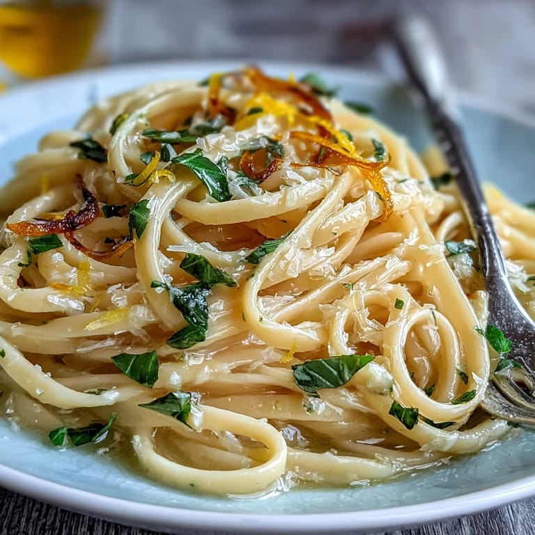 Zesty Spring Pasta Limone with a silky lemon-butter sauce, garnished with fresh basil and parmesan for a vibrant meal.
