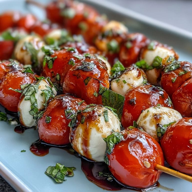 Caprese Skewers bring together fresh basil, mozzarella, and tomatoes with balsamic.
