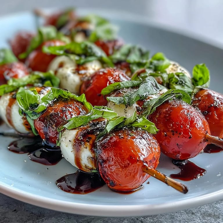 Bright Caprese Skewers appetizer drizzled with tangy balsamic, perfect for summer.