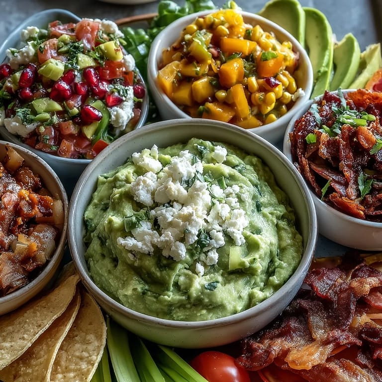 Delicious guacamole bar featuring colorful toppings and tortilla chips for dipping.