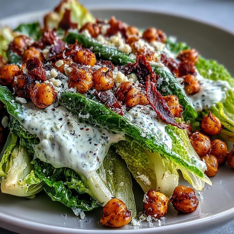 Crispy chickpea croutons top vibrant Vegan Caesar Salad, ready to serve.