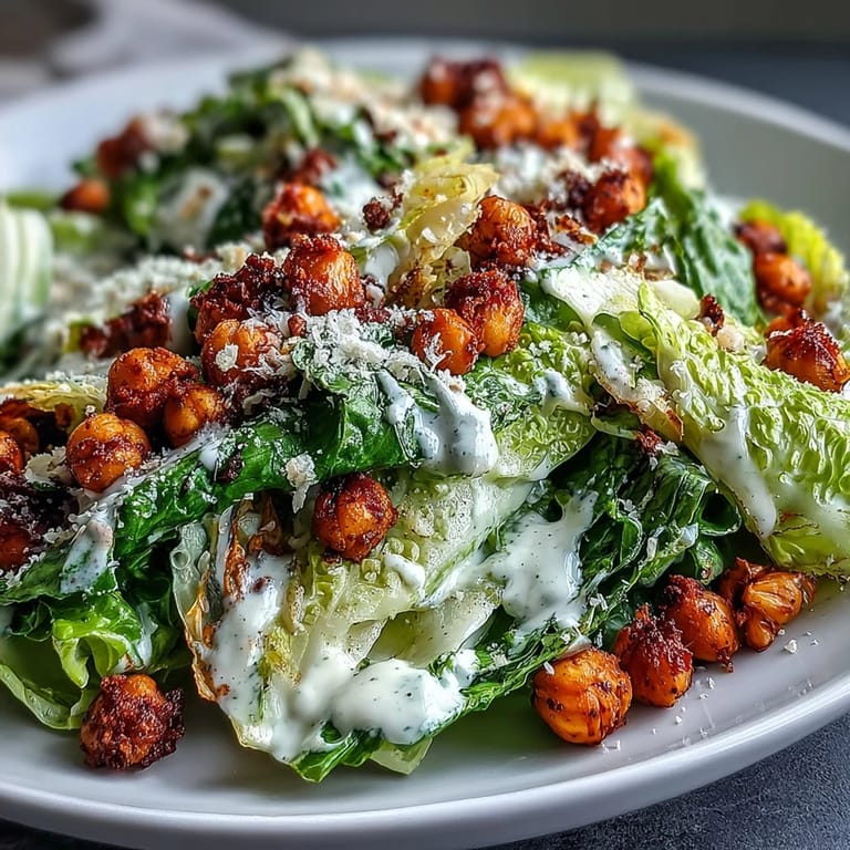 Enjoy this hearty Vegan Caesar Salad with crunchy, seasoned chickpea croutons.
