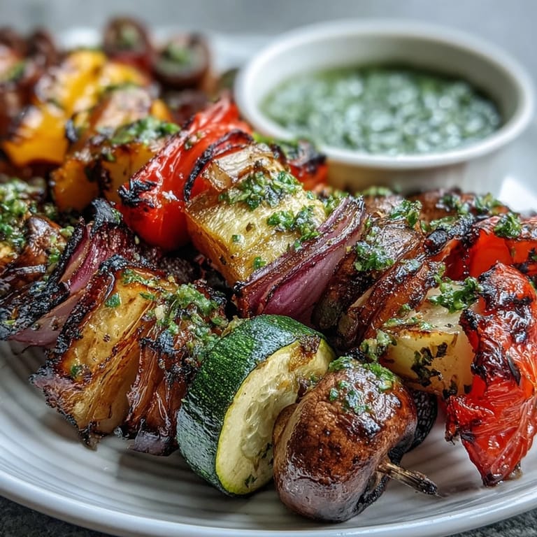 Juicy, charred vegetable skewers drizzled generously with zesty homemade chimichurri.