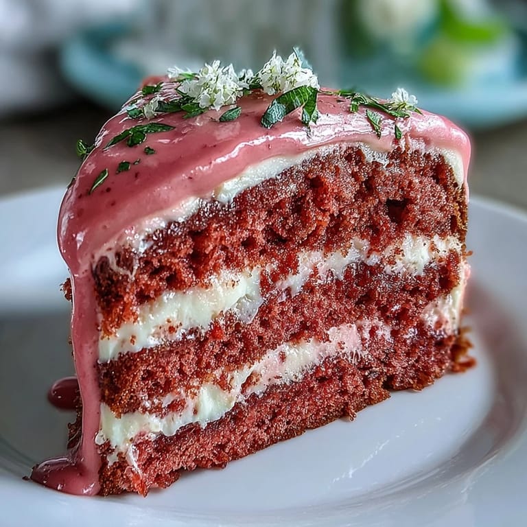 A tiered Rosé Velvet Cake, boasting a luxurious gold drip and creamy frosting.