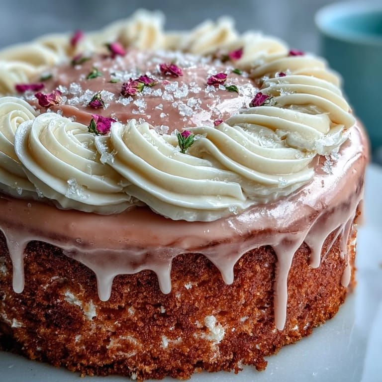 A decadent Bridal Shower Rosé Velvet Cake, ready for celebration and garnish.