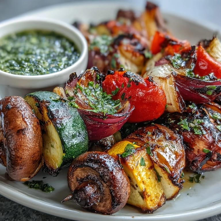 Skewers packed with colorful, perfectly grilled summer vegetables and herby chimichurri.
