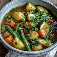 Steaming bowl of hearty Potato and Vegetable Soup, garnished with fresh parsley.