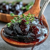 A glossy, thick Black Currant Glaze simmered in a small saucepan with balsamic and honey.