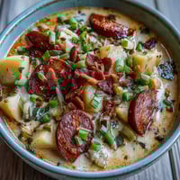 Creamy Cajun Potato Soup with Andouille Sausage served steaming hot in a rustic bowl, garnished with fresh green onions and chives.