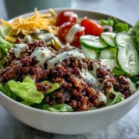 Seasoned ground beef, crisp lettuce, and cheddar cheese create High-Protein Cheeseburger Bowls, drizzled with tangy burger sauce.