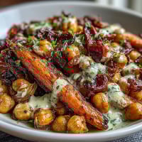 Golden roasted carrots and crispy chickpeas for a One-Pan Roasted Carrot and Chickpea Bowl, topped with creamy tahini dressing.