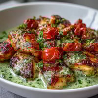 Golden-brown seared chicken breasts coated in creamy keto pesto sauce, topped with roasted cherry tomatoes on a rustic plate.