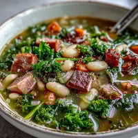 A steaming bowl of ham and kale white bean soup with tender ham chunks, vibrant kale leaves, and creamy cannellini beans in savory broth.