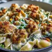 Creamy Veggie Pot Pie Pasta served steaming hot with golden biscuit crumbs on top and a rustic spoon.