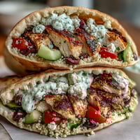 Warm Greek Chicken Feta Stuffed Pitas overflowing with creamy tzatziki and fresh salad.