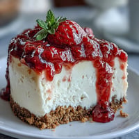 Creamy no-bake strawberry cheesecake with vibrant fruit topping, perfectly chilled.