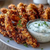 Golden air fryer pickle fries beside a creamy sriracha spicy mayo dip.