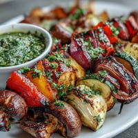 Bright, smoky grilled veggie kabobs with vibrant, fresh chimichurri sauce.
